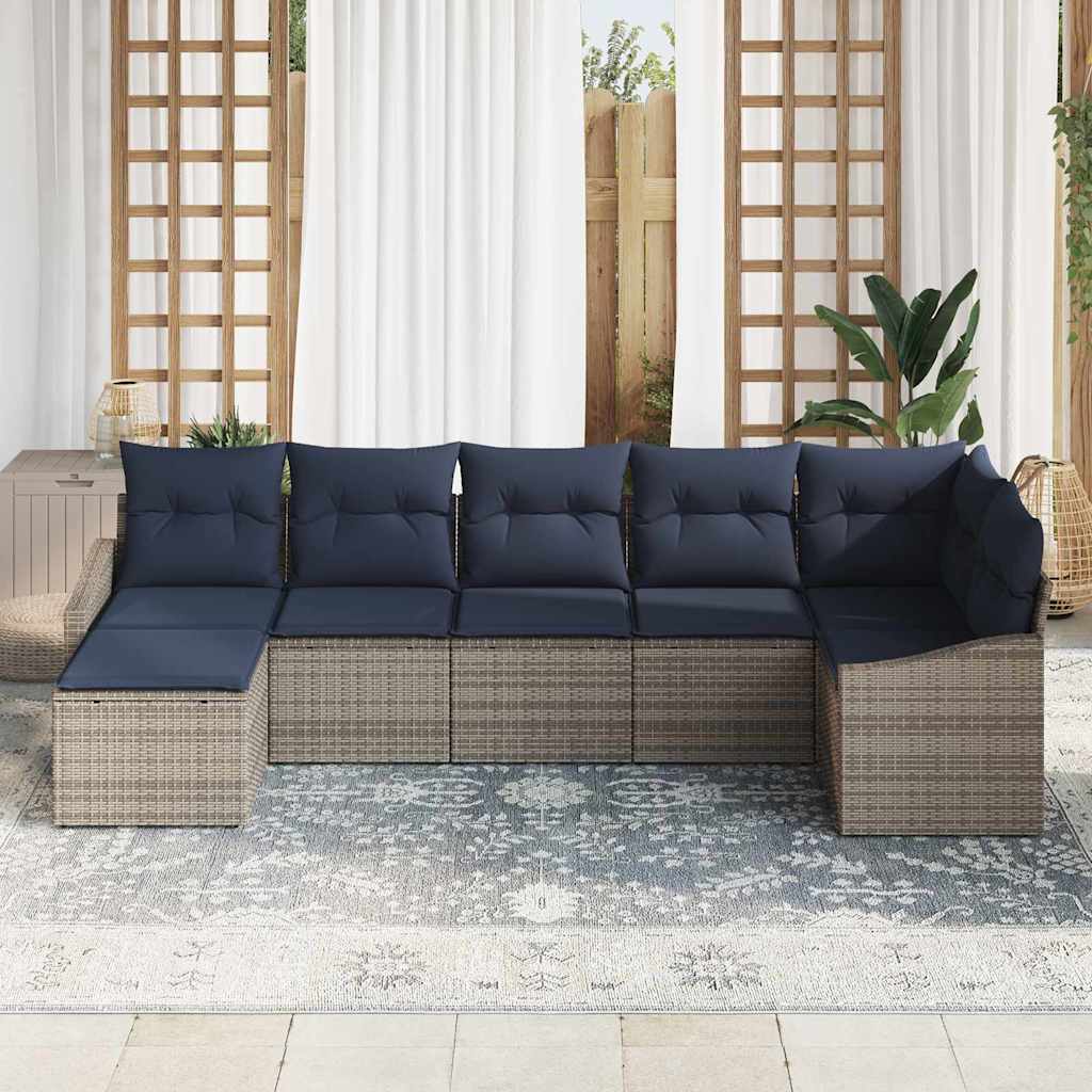 Garten-Sofa-Set 7 pcs Grau und Marineblau Poly-Rattan