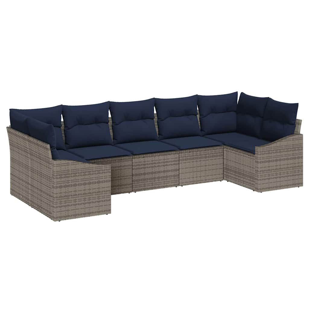 Gartensofa-set 7 pcs Grau und Marineblau Poly-Rattan