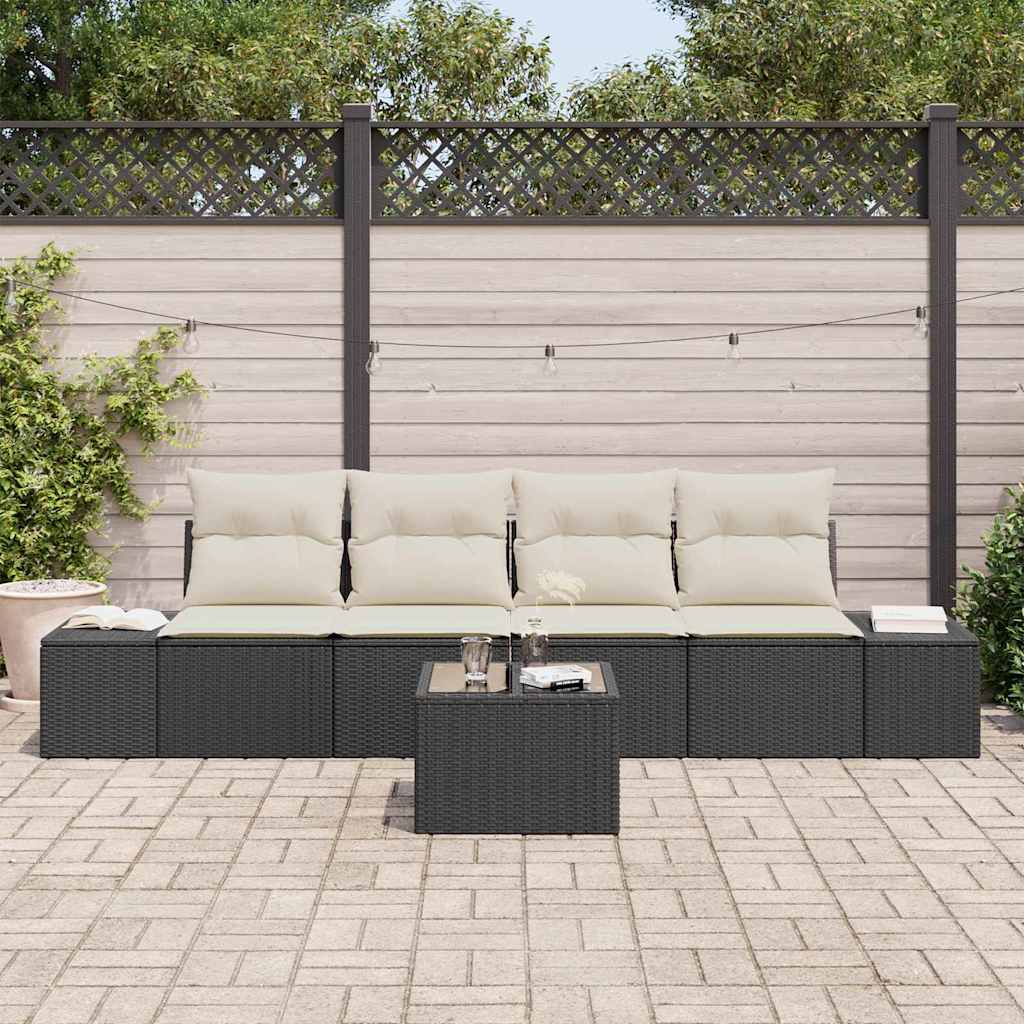 Garten-Sofa-Set mit Kissen 5 pcs Schwarz und Creme Poly-Rattan