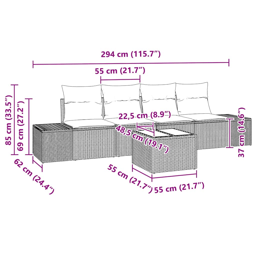 Garten-Sofa-Set mit Kissen 5 pcs Schwarz und Creme Poly-Rattan