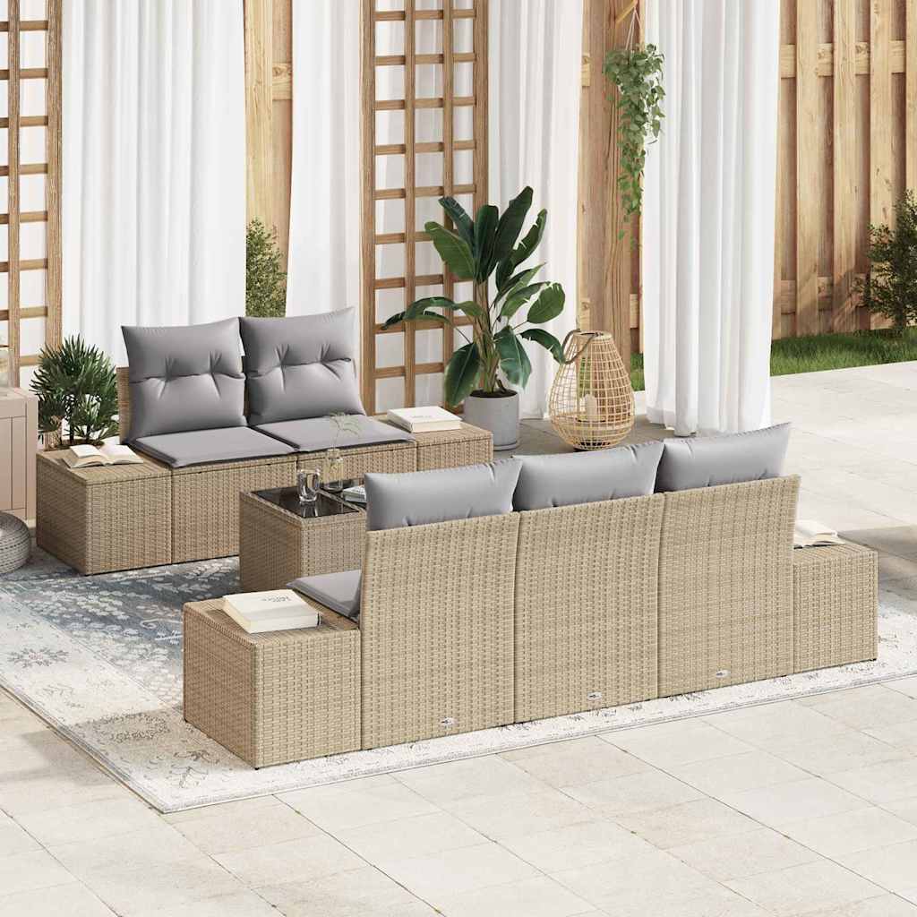 Gartensofa-set mit Kissen 6 pcs Beige und Grau Poly-Rattan