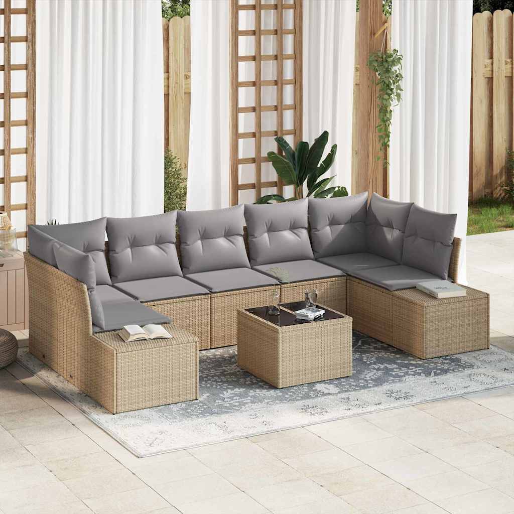 Gartensofa-set mit Kissen 8 pcs Beige und Grau Poly-Rattan