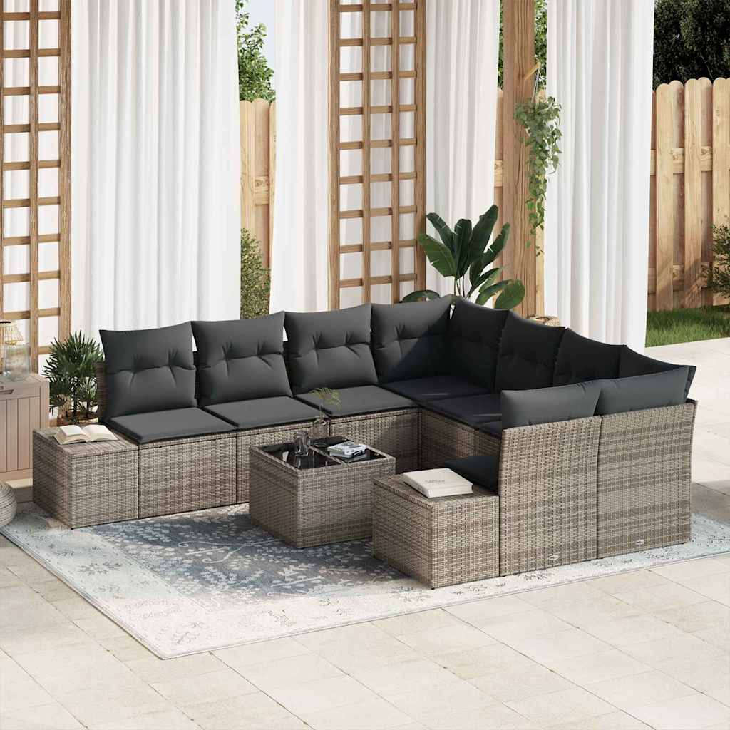 Garten-Sofa-Set mit Kissen mit Speicher 9 pcs Grau Poly-Rattan