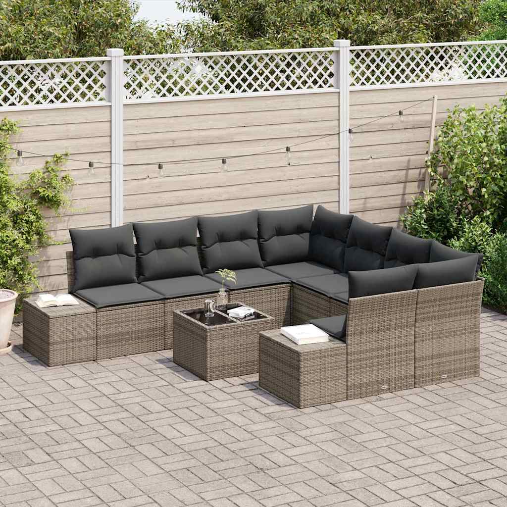 Garten-Sofa-Set mit Kissen mit Speicher 9 pcs Grau Poly-Rattan