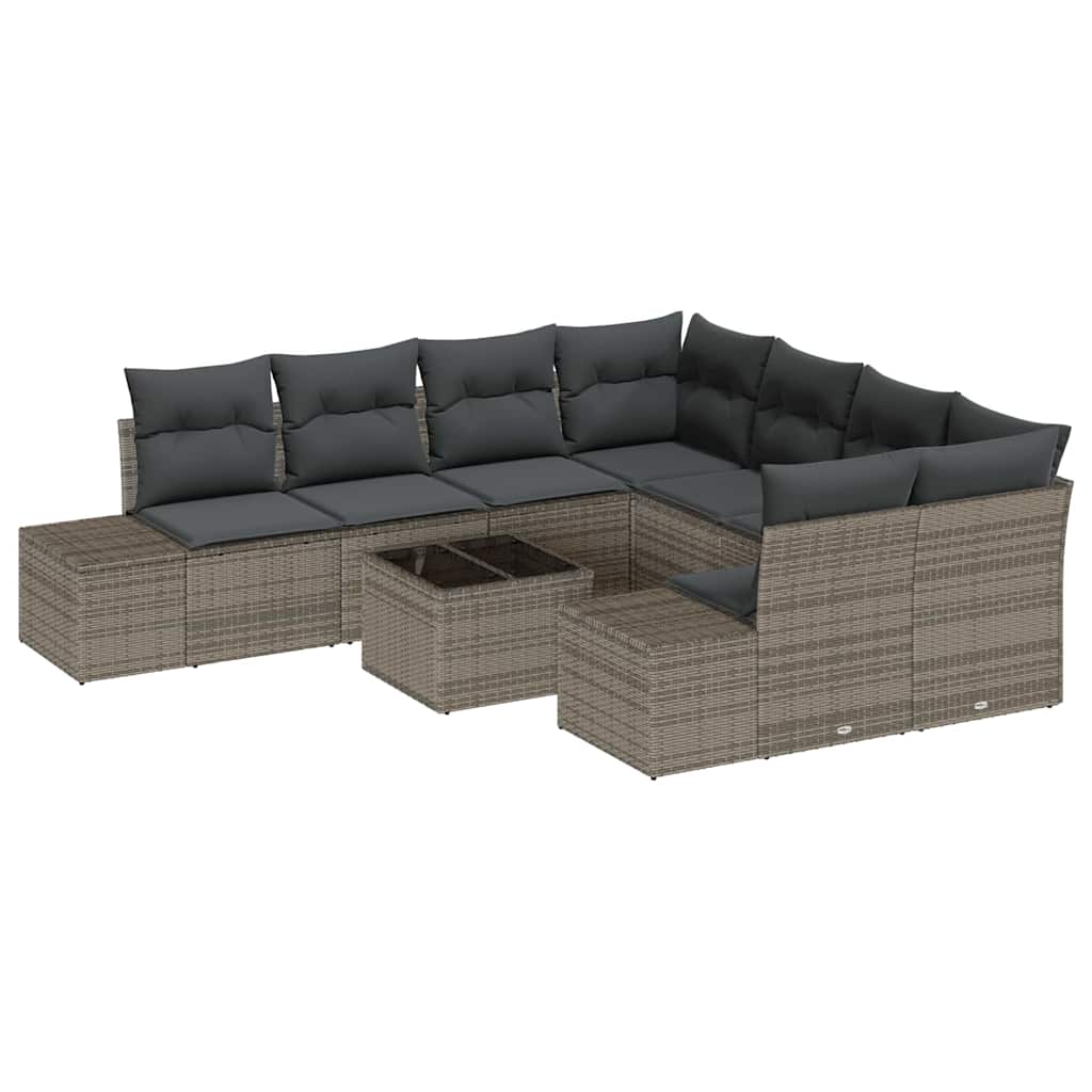 Garten-Sofa-Set mit Kissen mit Speicher 9 pcs Grau Poly-Rattan