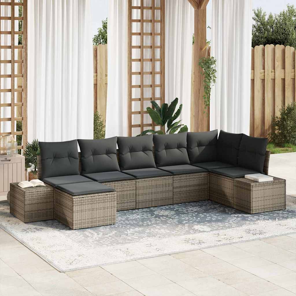 Garten-Sofa-Set mit Kissen mit Speicher 7 pcs Grau Poly Rattan