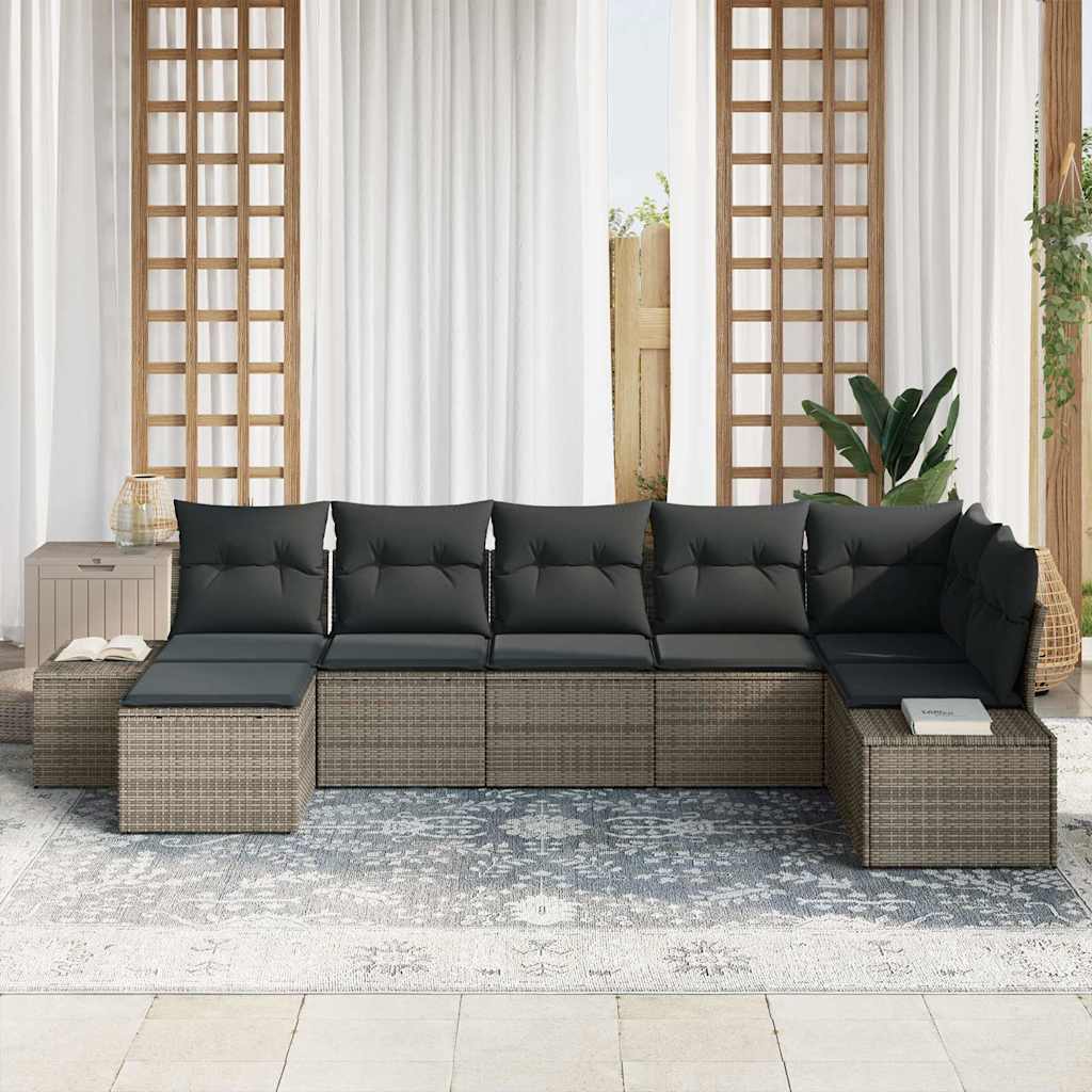 Garten-Sofa-Set mit Kissen mit Speicher 7 pcs Grau Poly Rattan