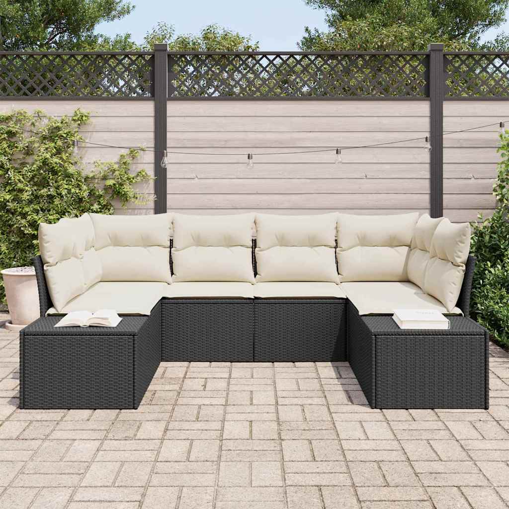 Gartensofa-set mit Speicher 6 pcs Schwarz und Creme Poly Rattan