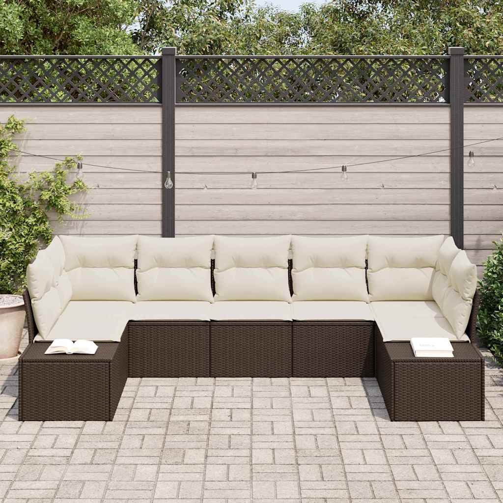 Gartensofa-set mit Speicher 7 pcs Braun und Creme Poly Rattan