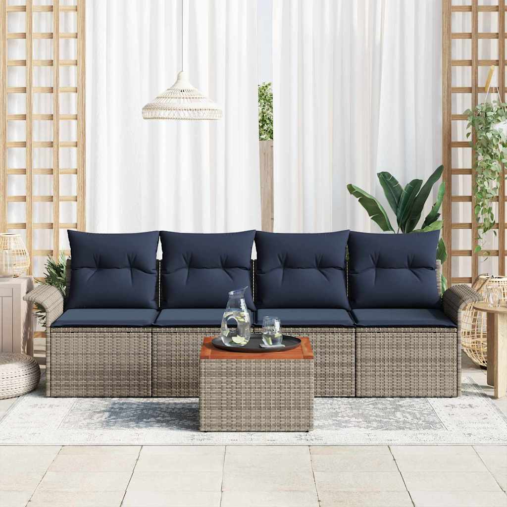 Gartensofa-set 5 pcs Grau und Marineblau Poly-Rattan