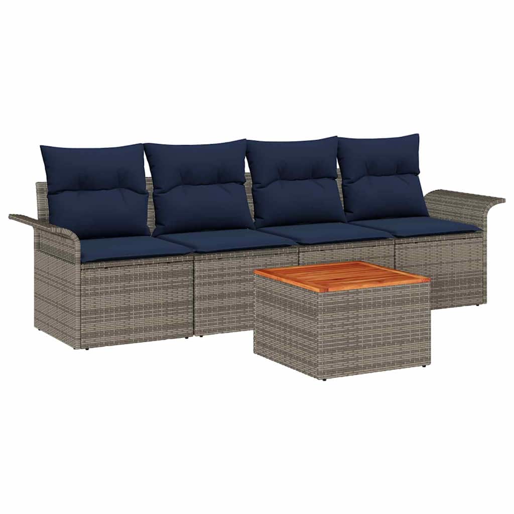 Gartensofa-set 5 pcs Grau und Marineblau Poly-Rattan