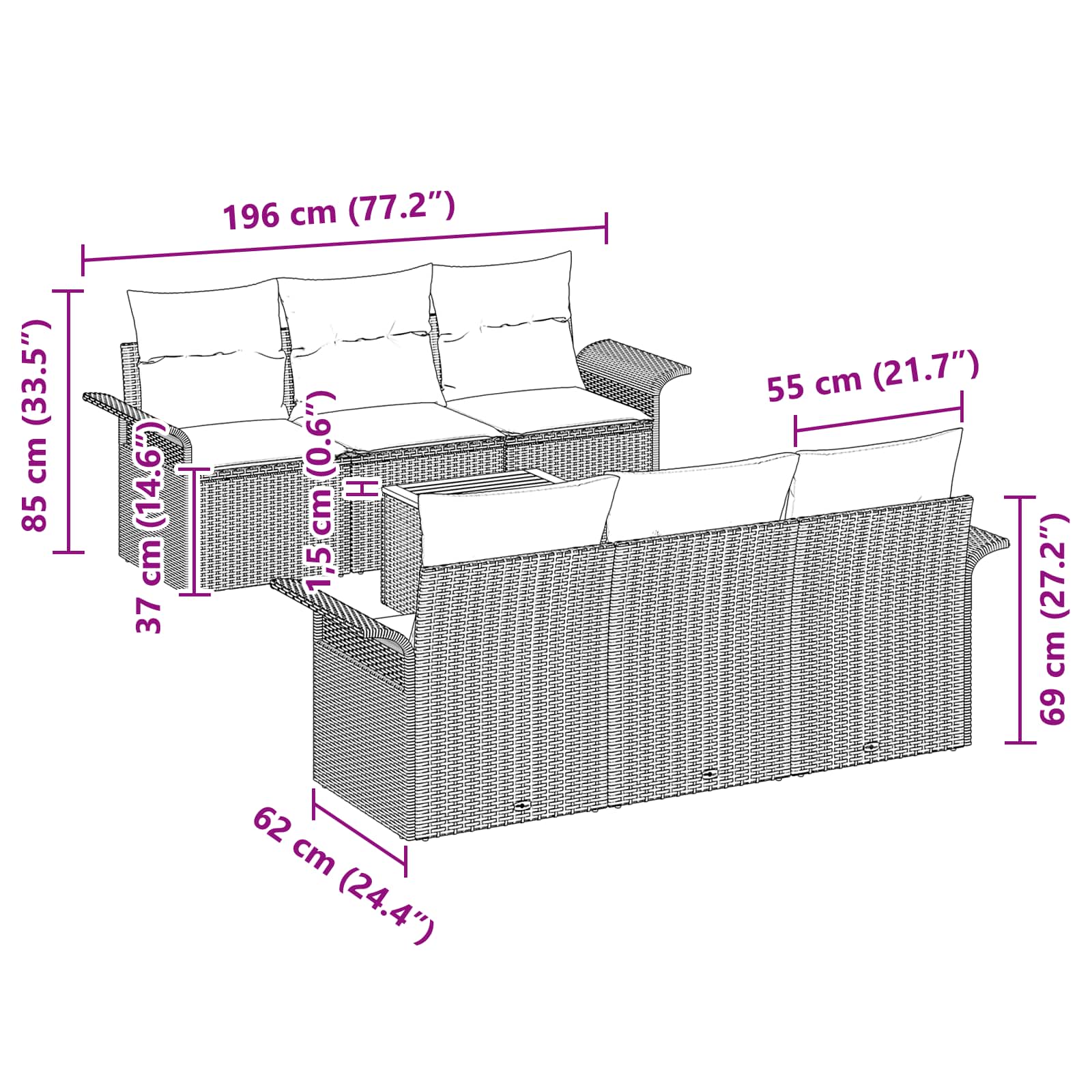 Gartensofa-set 7 pcs Grau und Marineblau Poly-Rattan