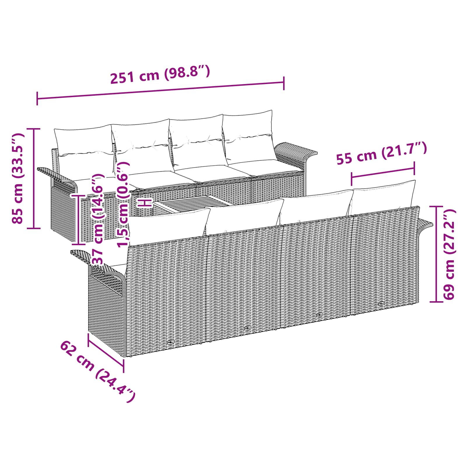 Gartensofa-set 9 pcs Grau und Marineblau Poly-Rattan