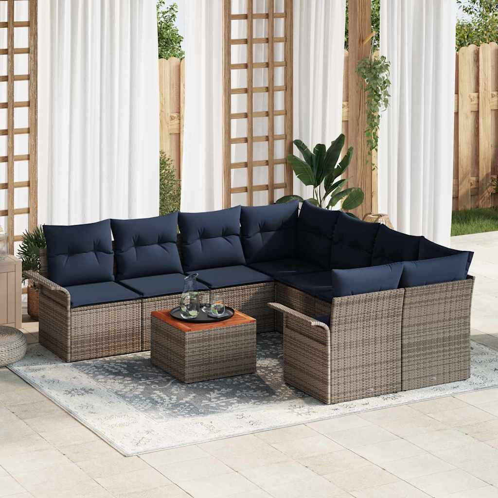 Gartensofa-set 9 pcs Grau und Marineblau Poly-Rattan