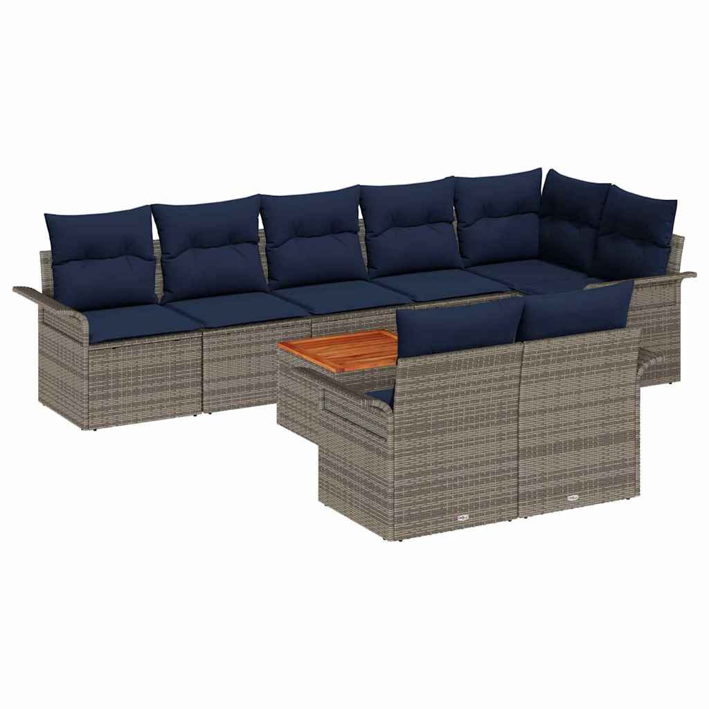 Gartensofa-set 9 pcs Grau und Marineblau Poly-Rattan