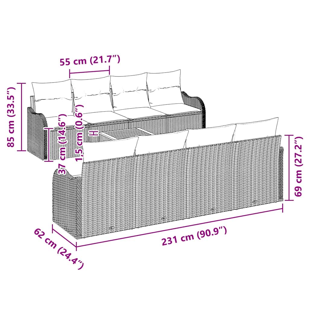 Gartensofa-set mit Speicher 9 pcs Beige und Creme Poly-Rattan