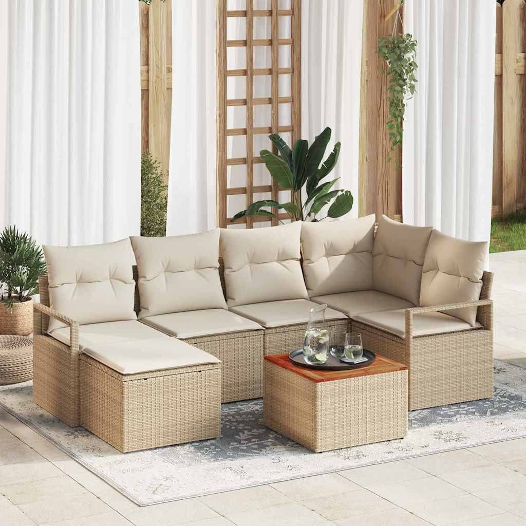 Gartensofa-set mit Speicher 7 pcs Beige und Creme Poly-Rattan