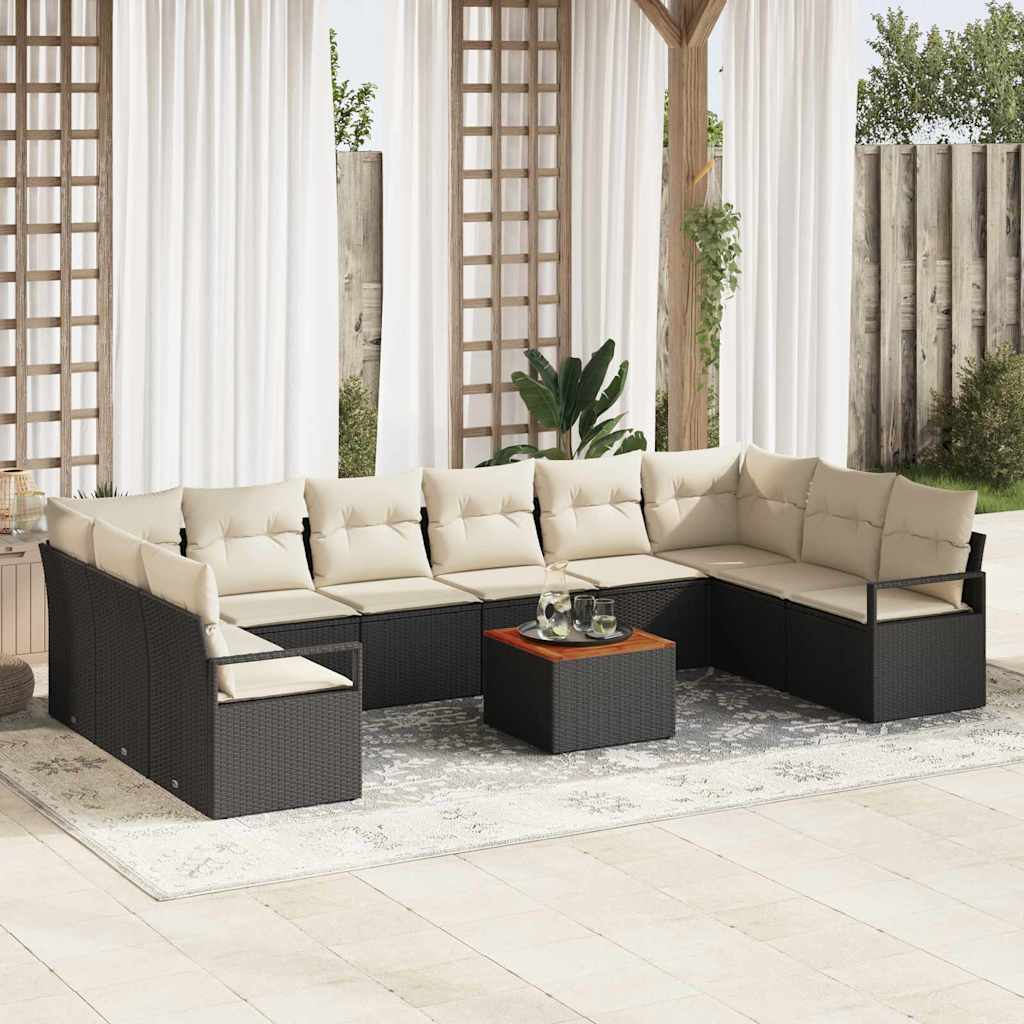 Gartensofa-set 11 pcs Schwarz und Creme Poly-Rattan