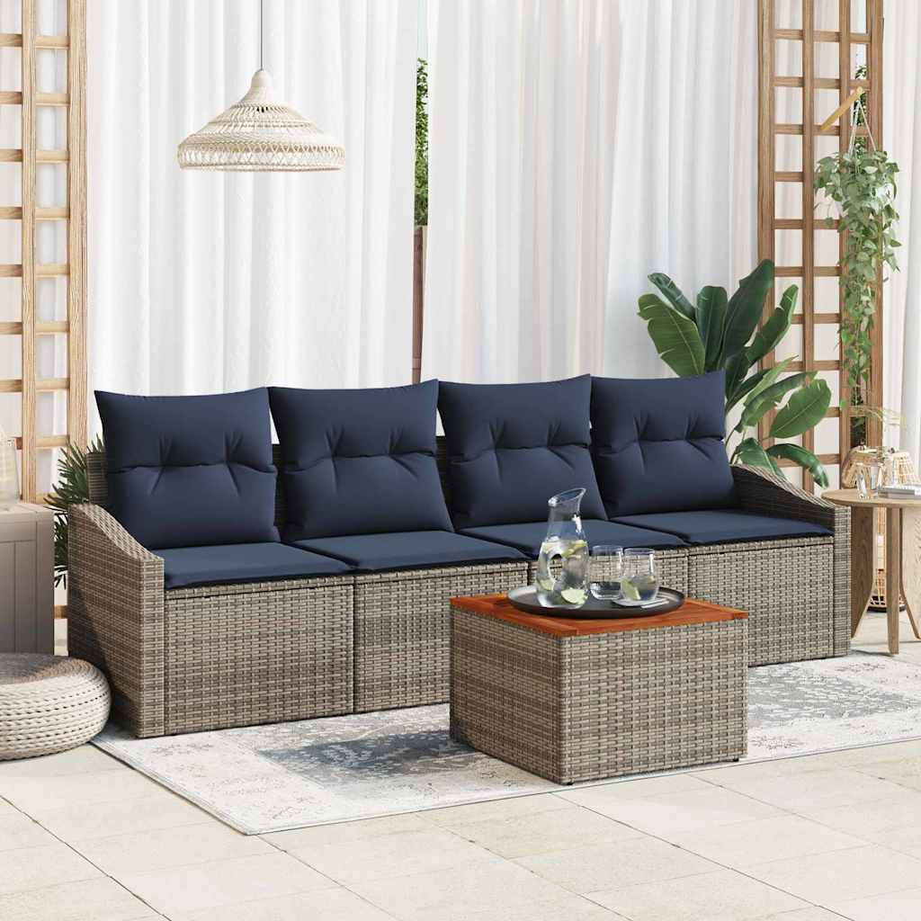 Gartensofa-set 5 pcs Grau und Marineblau Poly-Rattan
