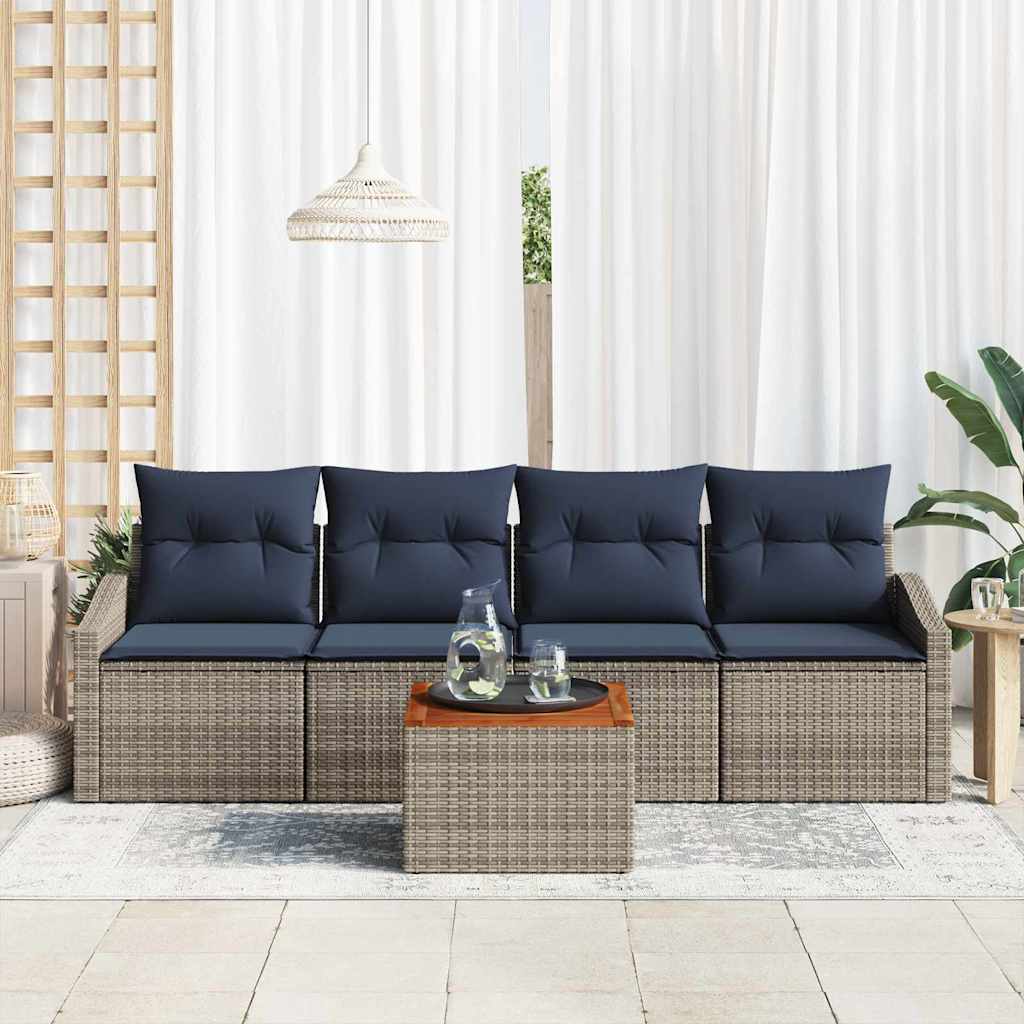 Gartensofa-set 5 pcs Grau und Marineblau Poly-Rattan