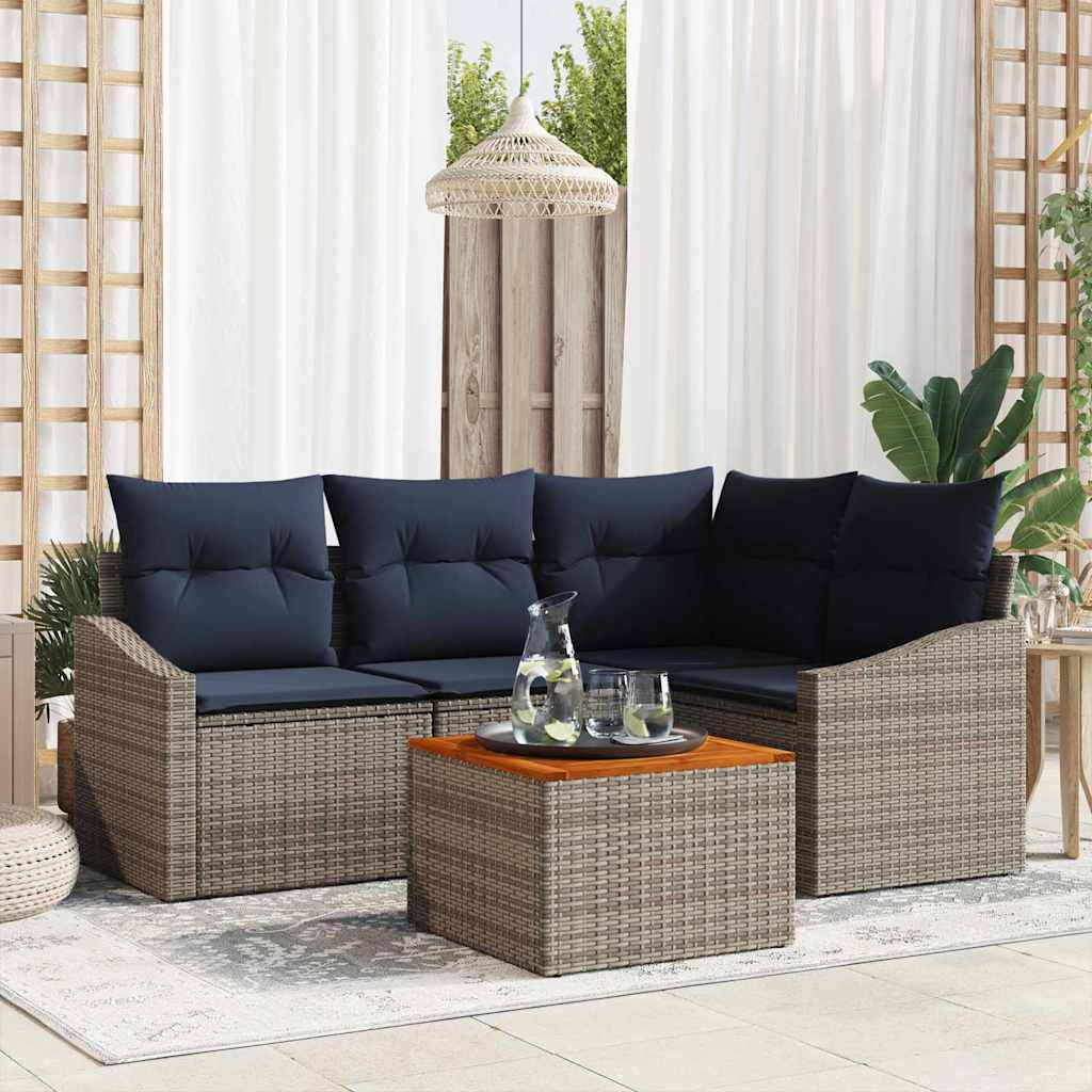 Gartensofa-set 5 pcs Grau und Marineblau Poly-Rattan