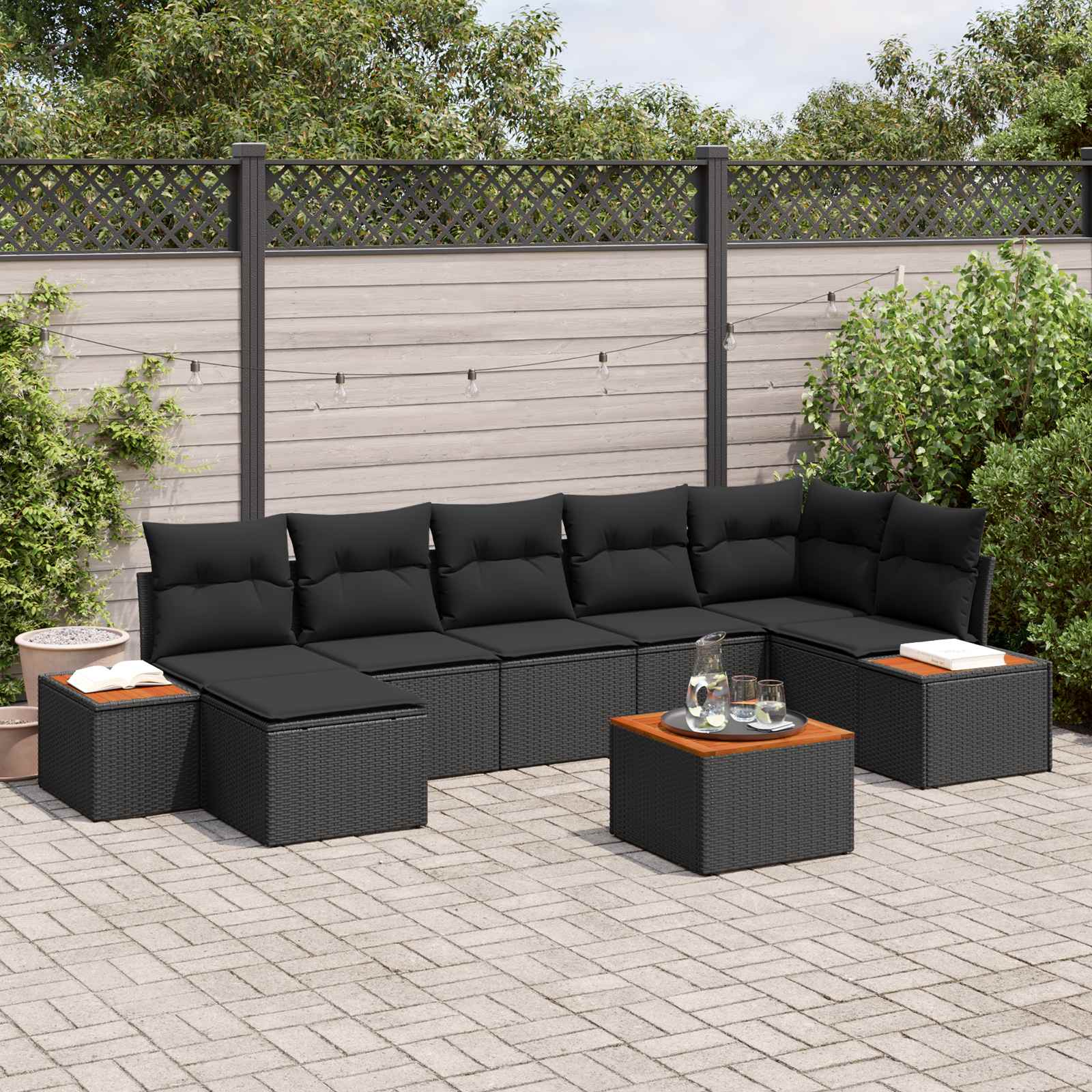Gartensofa-set mit Kissen mit Speicher 8 pcs Schwarz Polyrattan