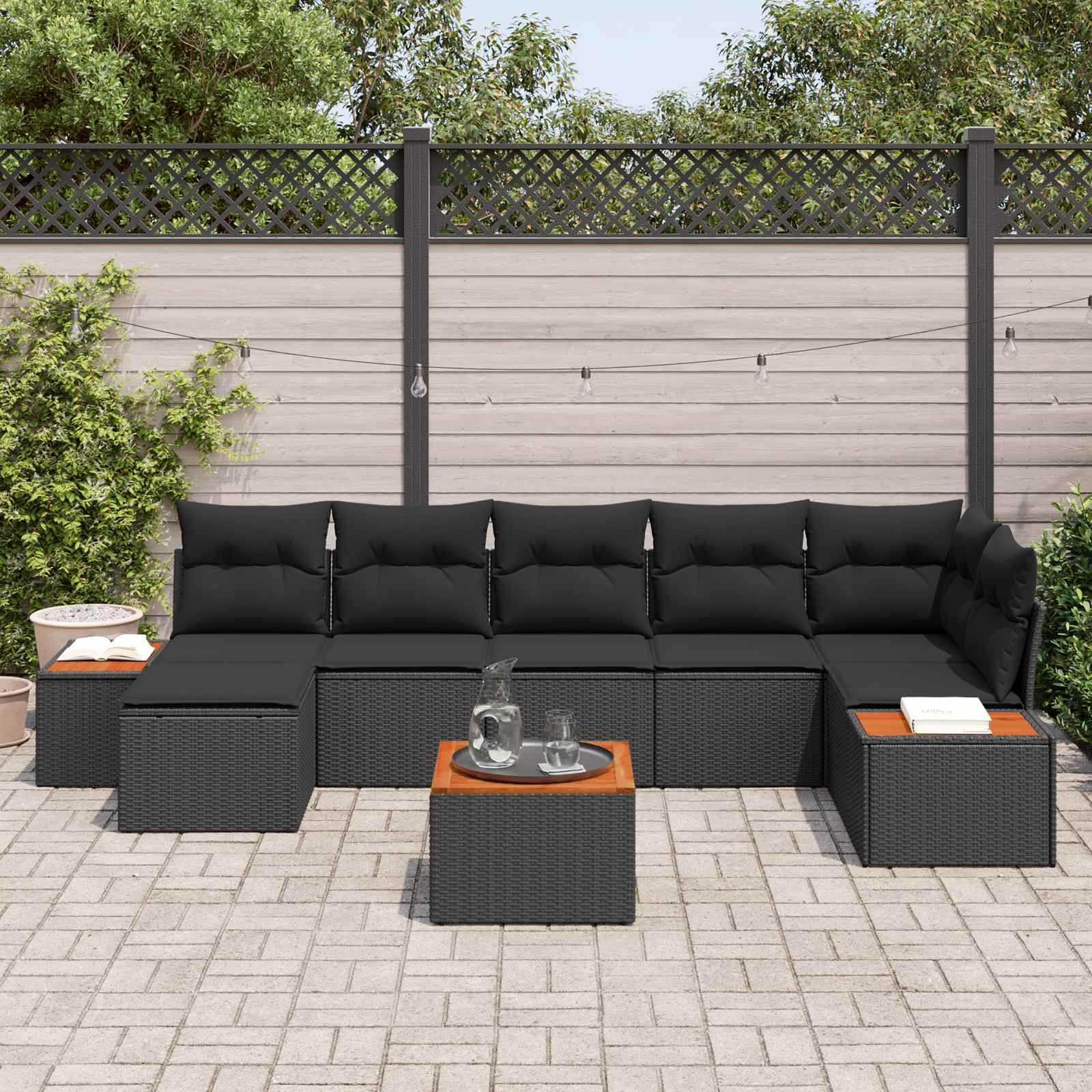 Gartensofa-set mit Kissen mit Speicher 8 pcs Schwarz Polyrattan