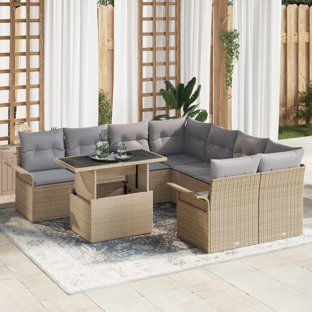Gartensofa-set mit Kissen mit Speicher 9 pcs Beige Poly Rattan