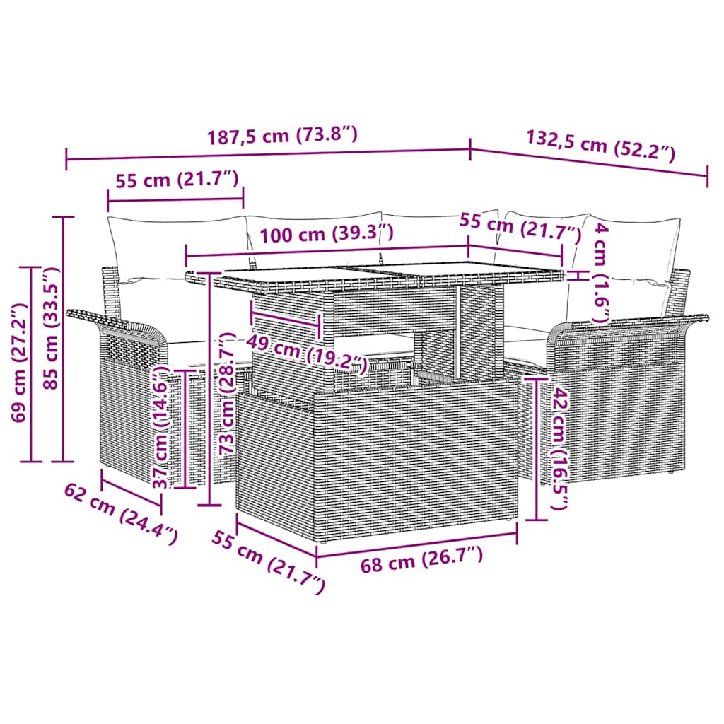 Garten-Sofa-Set mit Kissen mit Speicher 5 pcs Grau Poly Rattan