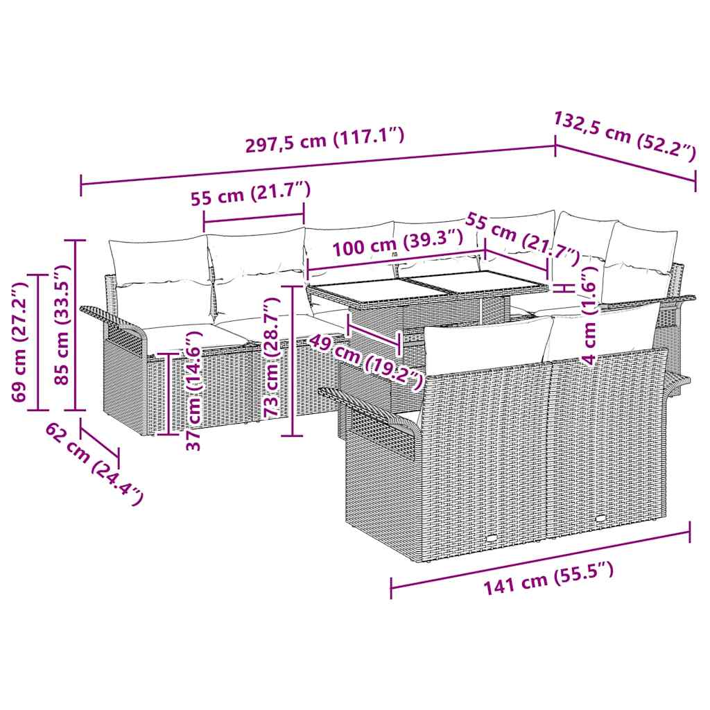 Garten-Sofa-Set mit Kissen 9 pcs Hellgrau Poly Rattan