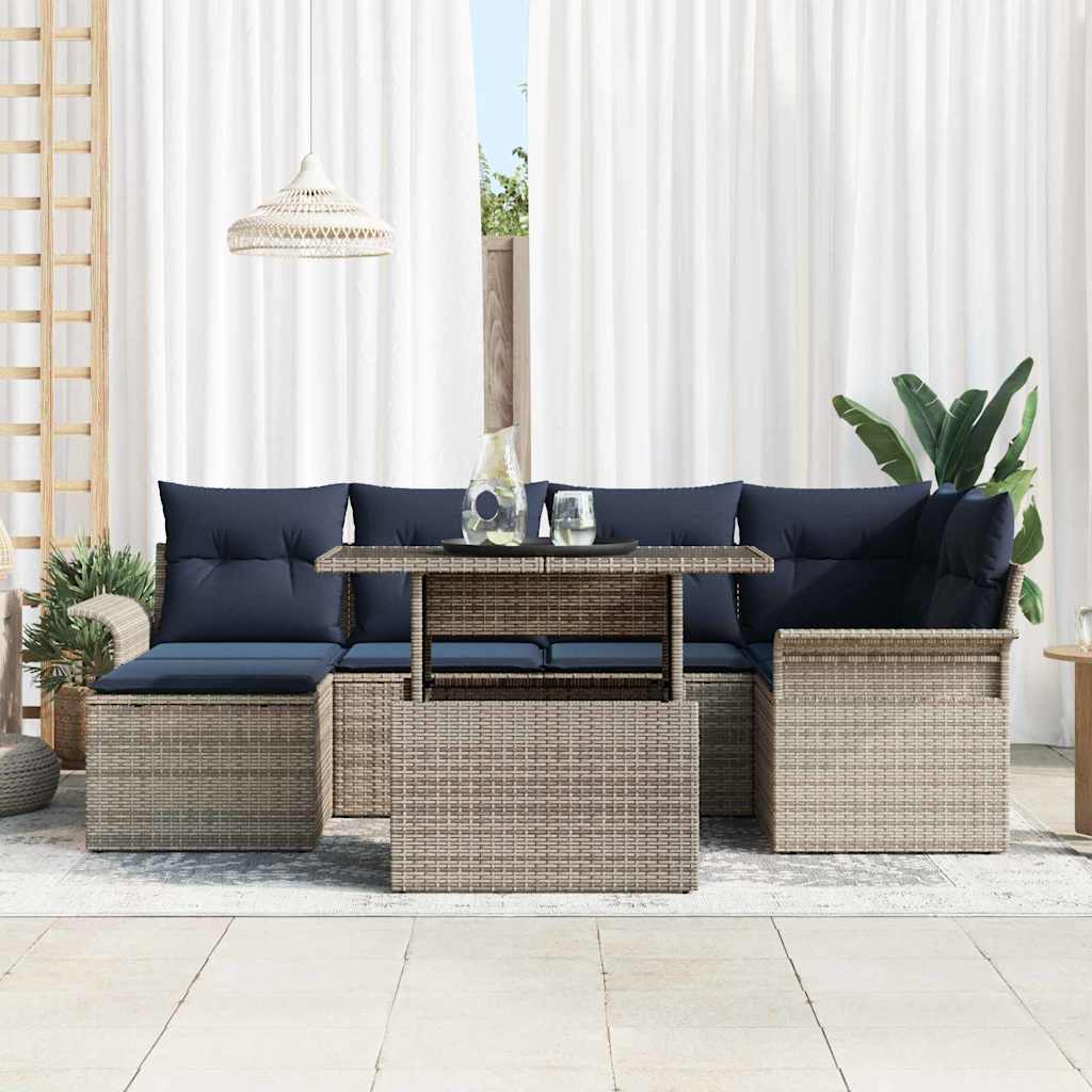 Gartensofa-set mit Kissen mit Speicher 7 pcs Grau Poly Rattan