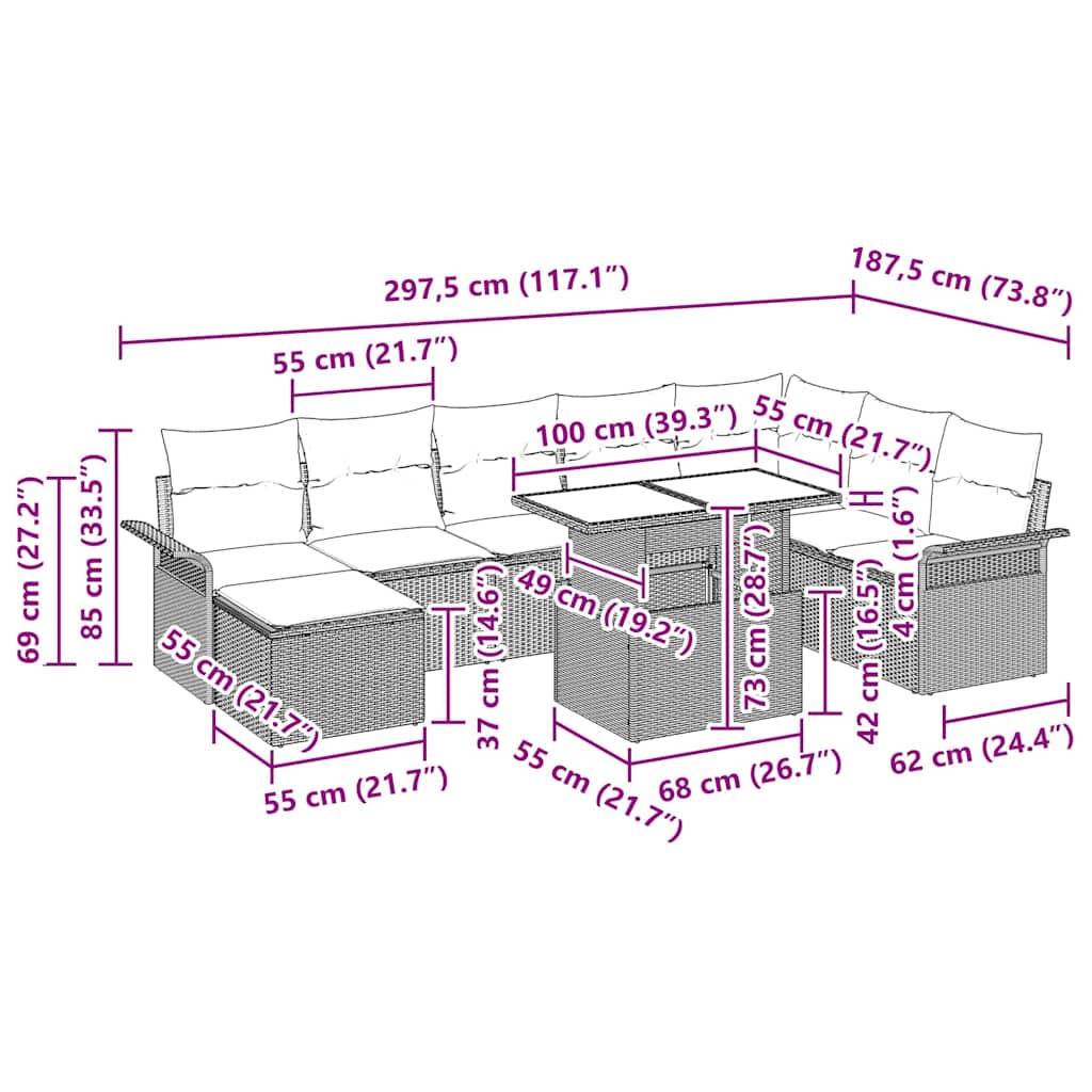 Garten-Sofa-Set mit Kissen mit Speicher 9 pcs Grau