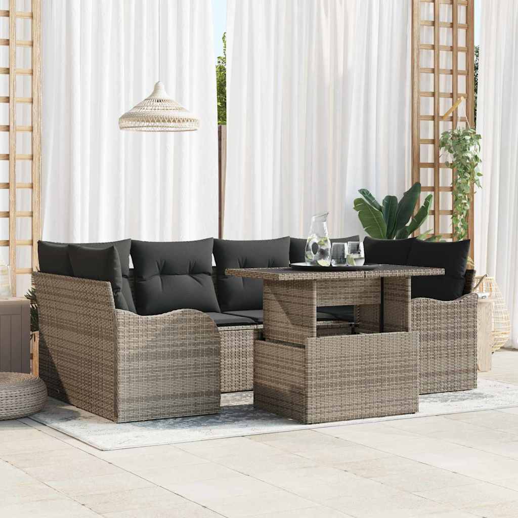Gartensofa-set mit Kissen mit Speicher 7 pcs Grau Poly Rattan