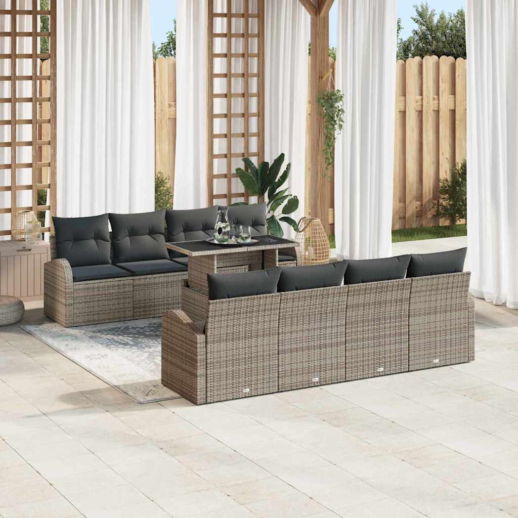Gartensofa-set mit Kissen mit Speicher 9 pcs Grau Poly Rattan