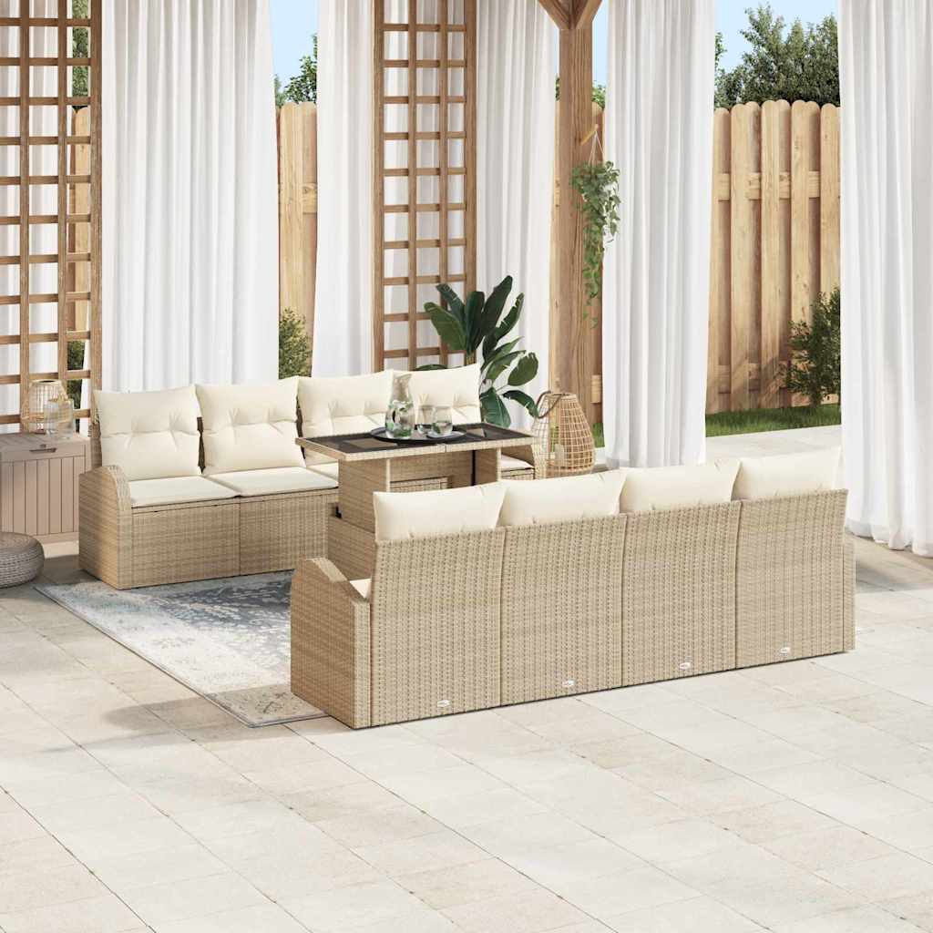 Gartensofa-set mit Kissen mit Speicher 9 pcs Beige Poly Rattan