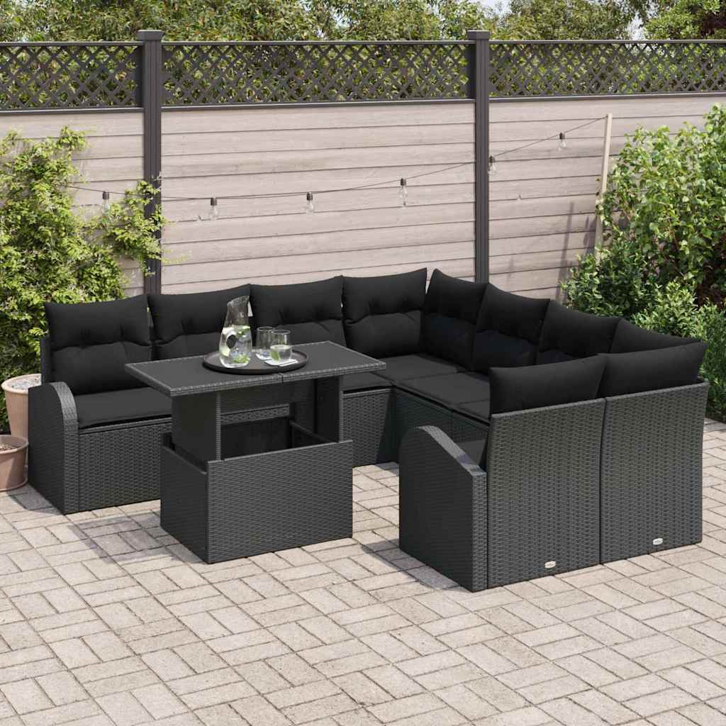 Garten-Sofa-Set mit Kissen mit Kissen 9 pcs Schwarz Poly Rattan