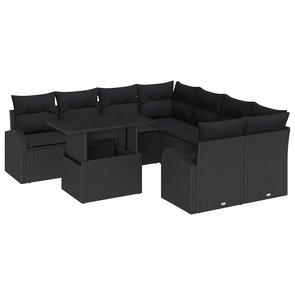 Garten-Sofa-Set mit Kissen mit Kissen 9 pcs Schwarz Poly Rattan