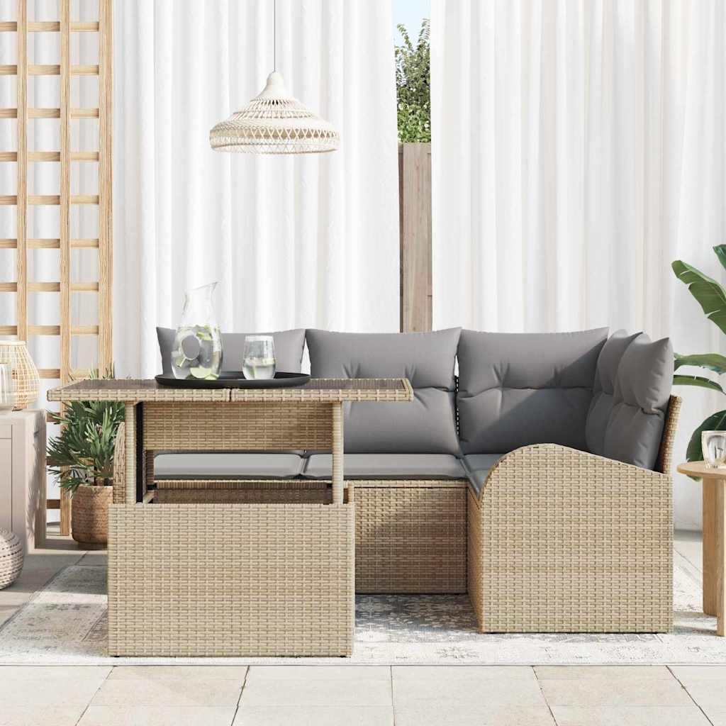 Gartensofa-set mit Kissen mit Speicher 5 pcs Beige Poly Rattan