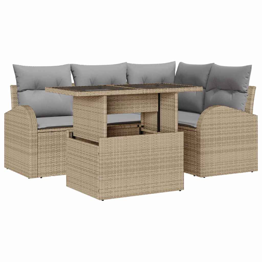 Gartensofa-set mit Kissen mit Speicher 5 pcs Beige Poly Rattan