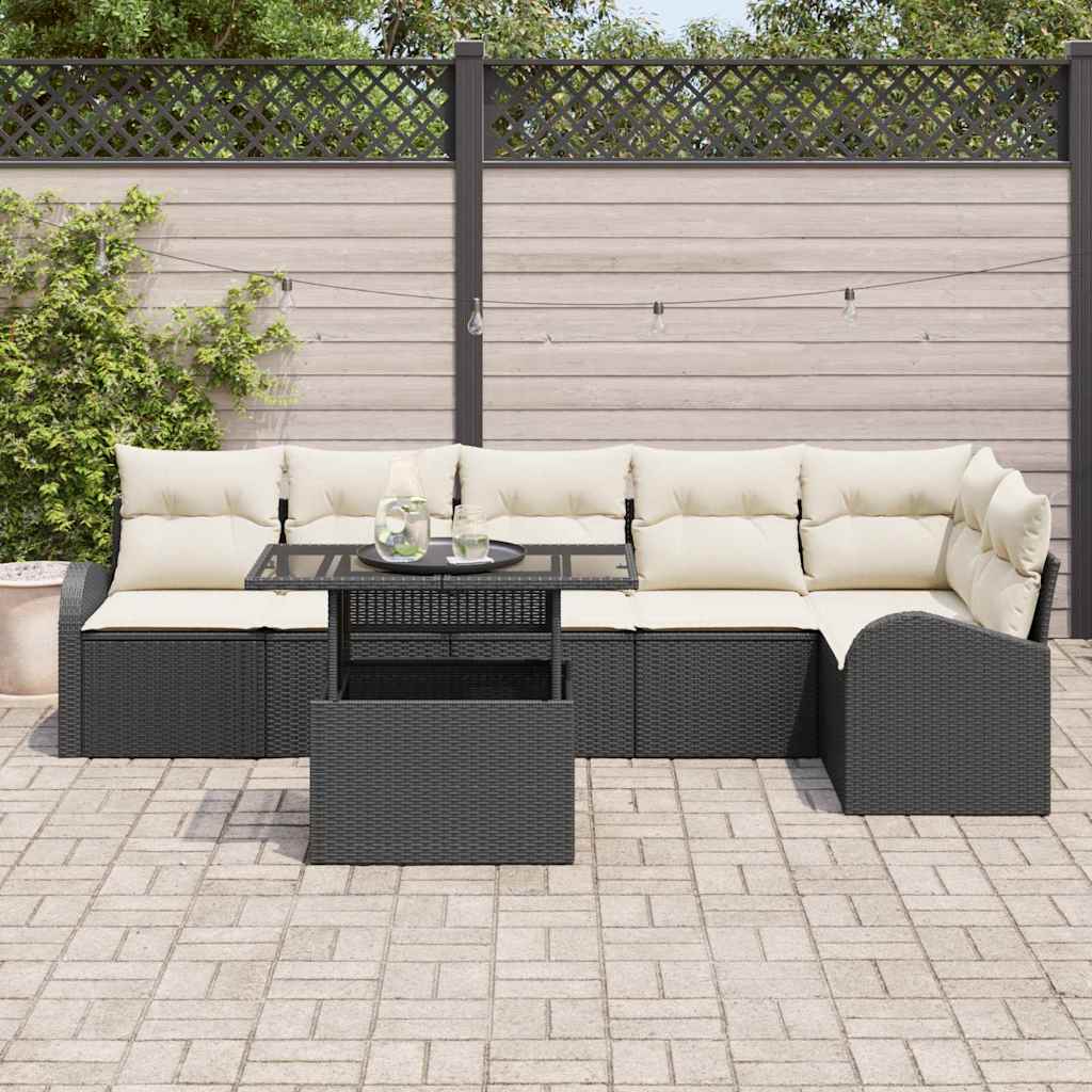 Gartensofa-set mit Kissen mit Kissen 7 pcs Schwarz Poly Rattan