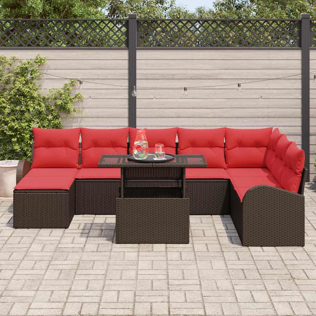 Garten-Sofa-Set mit Speicher 9 pcs Braun Poly Rattan
