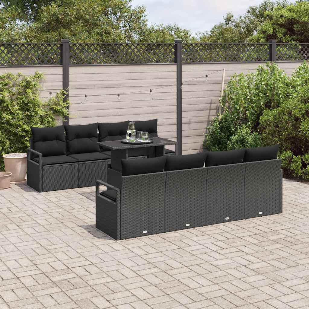 Gartensofa-set mit Kissen 9 pcs Schwarz Poly Rattan