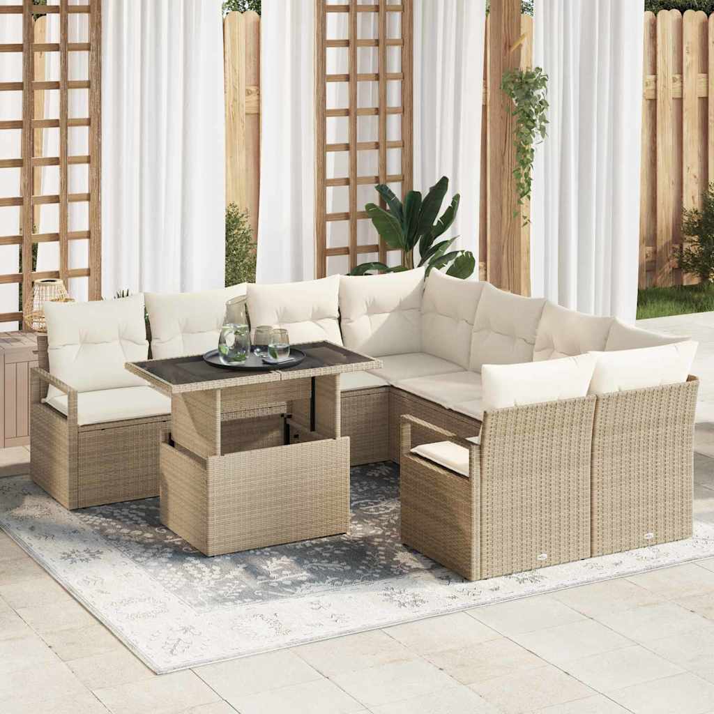 Gartensofa-set mit Kissen mit Speicher 9 pcs Beige Poly Rattan