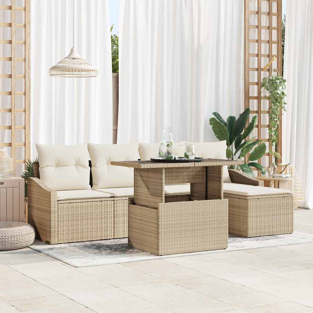 Garten-Sofa-Set mit Kissen 6 pcs Beige und Creme Poly-Rattan