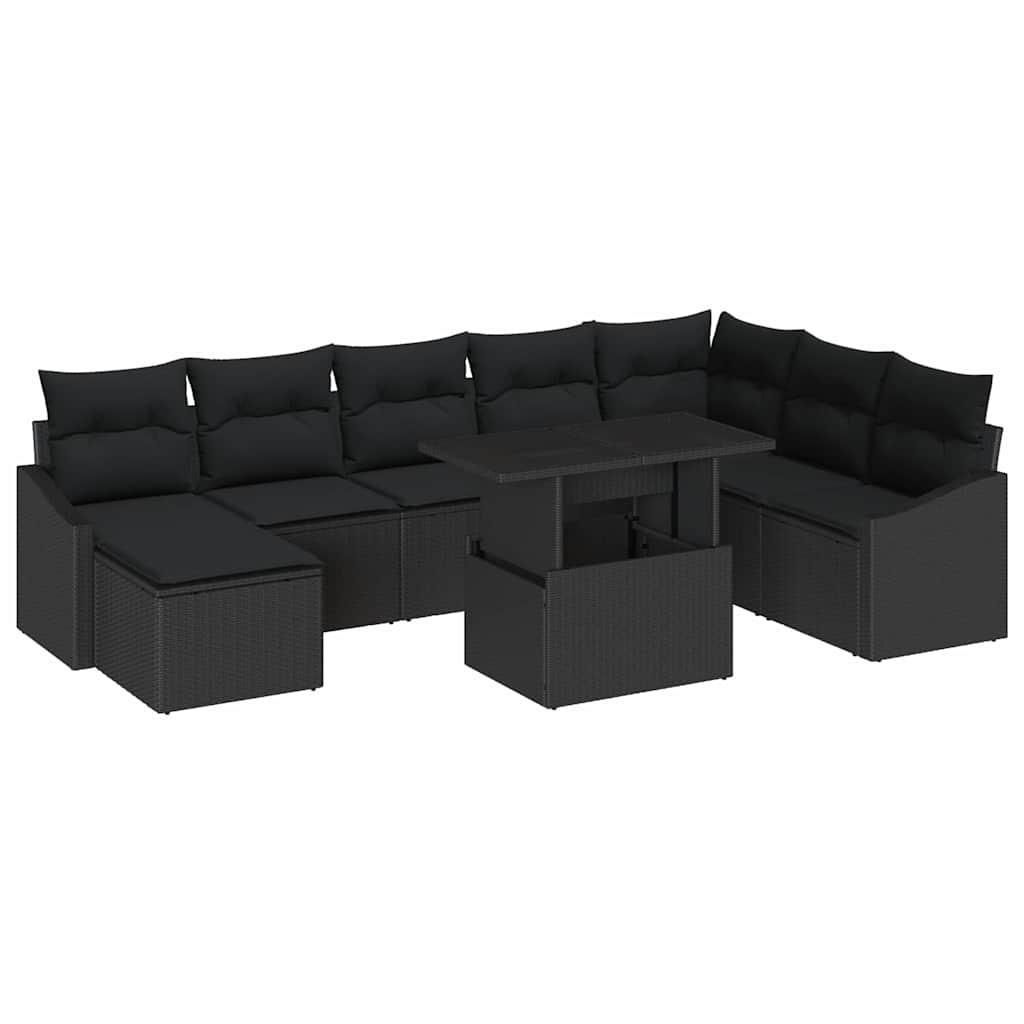 Garten-Sofa-Set mit Kissen mit Speicher 9 pcs Schwarz