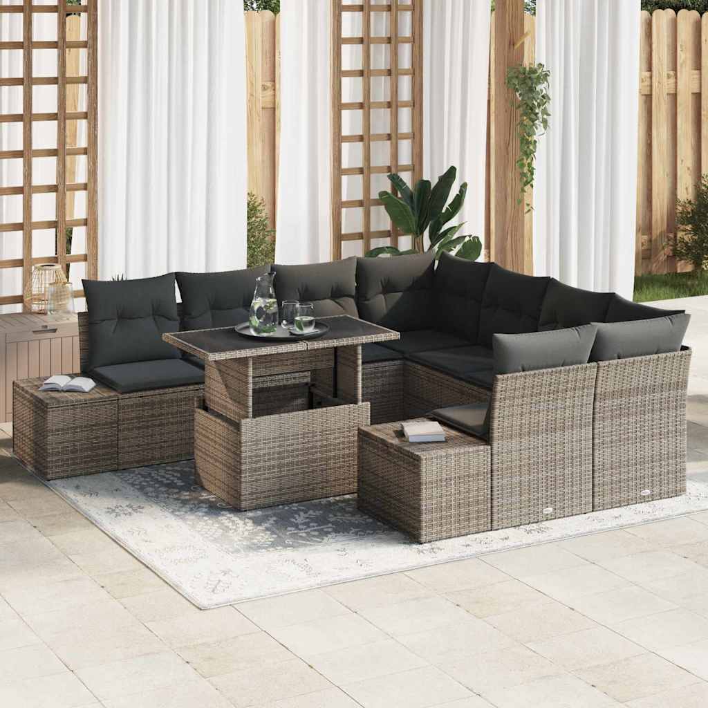 Gartensofa-set mit Kissen mit Speicher 9 pcs Grau Poly-Rattan