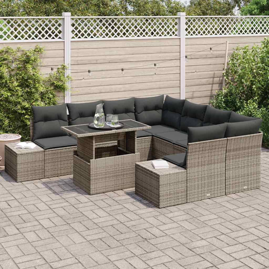 Gartensofa-set mit Kissen mit Speicher 9 pcs Grau Poly-Rattan