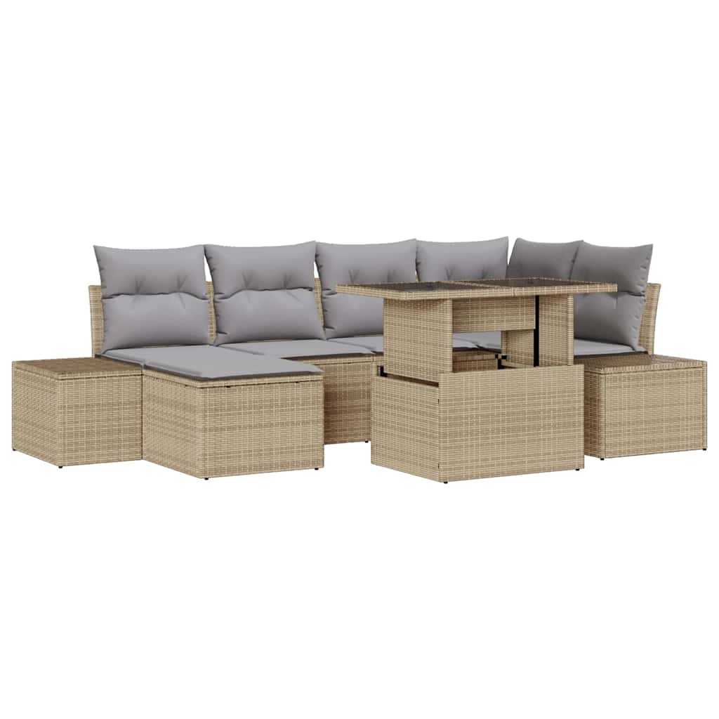 Garten-Sofa-Set mit Speicher 7 pcs Beige Poly Rattan