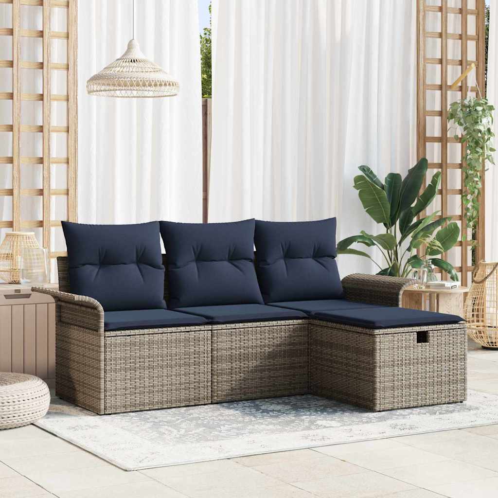 Gartensofa-set mit Kissen 4 pcs Grau und Marineblau Poly-Rattan