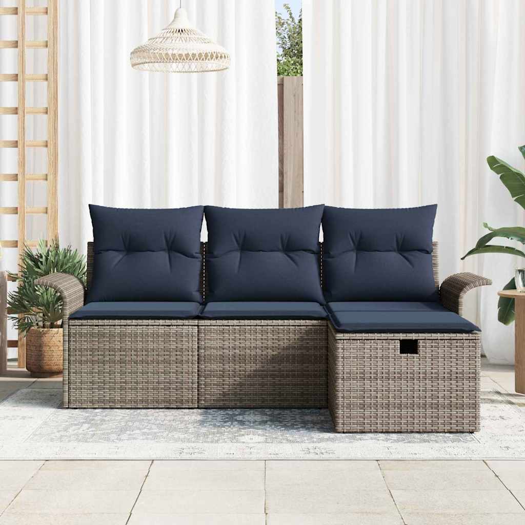 Gartensofa-set mit Kissen 4 pcs Grau und Marineblau Poly-Rattan